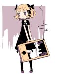  1girl :o bangs bare_arms black_bow black_dress black_legwear blonde_hair blunt_bangs blush_stickers bob_cut bow choker collarbone colored_inner_hair dress dress_bow expressionless eyebrows_visible_through_hair frilled_legwear frilled_sleeves frills full_body furrowed_brow guillotine_girl_(yukihi) hair_bow hair_ornament holding holding_suitcase jaggy_line lavender_background legs_apart limited_palette looking_away looking_to_the_side mary_janes multicolored_hair negative_space no_nose no_pupils original outside_border parted_lips pigeon-toed puffy_short_sleeves puffy_sleeves purple_background purple_choker purple_eyes purple_footwear ribbon-trimmed_legwear ribbon_trim shoes short_hair short_sleeves simple_background solo standing streaked_hair suitcase swept_bangs thighhighs two-tone_background v-shaped_eyebrows white_background white_bow yukihi 