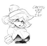 1girl bare_shoulders bow breasts can_you_lock_the_fuck_in_(meme) cleavage domino_mask earrings english_text georgewithas greyscale hair_bow half-closed_eyes inkling jewelry large_breasts marie_(splatoon) mask meme mole mole_under_eye monochrome open_mouth pointy_ears simple_background solo splatoon_(series) splatoon_1 suction_cups tentacle_hair upper_body white_background 