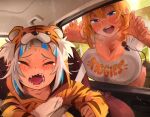  animal_costume animal_print bangs blue_hair breasts car_interior character_request cleavage gawr_gura hololive hololive_english hooters huge_breasts khyle. multicolored_hair open_mouth sharp_teeth silver_hair streaked_hair teeth tiger_costume tiger_print virtual_youtuber 