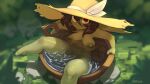  bathing bathtub breasts brown_hair clothing feet female forest forest_background goblin green_nipples hair hat headgear headwear huffslove humanoid nature nature_background nipples plant red_eyes short_stack solo tree trixie_(huffslove) 