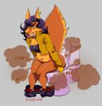 anthro big_butt bloated bottomwear bottomwear_down butt canid canine carmelita_fox clothed clothing digital_media_(artwork) fart fart_cloud female fox fur gas hair hi_res imminent_scat knock-kneed lipstick makeup mammal on_toilet onomatopoeia pants pants_down partially_clothed redblissex sly_cooper_(series) solo sony_corporation sony_interactive_entertainment sound_effects straining sucker_punch_productions tail text thick_thighs toilet wide_hips