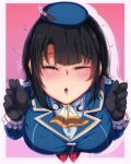  1girl ascot beret black_gloves black_hair blue_hat breasts closed_eyes from_above gloves hat kantai_collection large_breasts long_sleeves military_uniform noteblue short_hair solo takao_(kancolle) 
