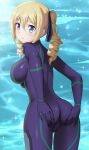  1girl absurdres angelina_kudou_shields ass bangs blonde_hair blue_eyes blue_ribbon blush bodysuit breasts cameltoe closed_mouth drill_hair eyebrows_visible_through_hair from_behind hair_between_eyes hand_on_own_ass highres impossible_bodysuit impossible_clothes large_breasts looking_at_viewer looking_back mahouka_koukou_no_rettousei medium_hair pasya-pasya purple_bodysuit ribbon sidelocks skin_tight solo standing twin_drills twintails water 