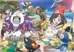  1girl 2boys absurdres beach beanie black_hair blue_eyes dark-skinned_male dark_skin eating elio_(pokemon) hair_brush hair_dryer hat hau_(pokemon) highres lens_flare litten multiple_boys official_art oomura_yuusuke open_mouth oranguru pikipek poke_bean pokemon pokemon_(creature) pokemon_refresh pokemon_sm popplio porygon red_hat rowlet selene_(pokemon) shirt short_hair smile soap_bubbles sparkle starter_pokemon_trio t-shirt themed_object togedemaru towel tyranitar unworn_hat unworn_headwear yungoos 