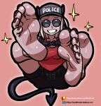  5_toes barefoot clothing colored_nails demon demon_humanoid eyewear feet female foot_fetish hat headgear headwear helltaker hi_res horn horned_humanoid humanoid justice_(helltaker) nails not_furry reathroch red_nails smile soles solo spade_tail tail toes 