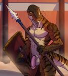  2021 anthro balls dinosaur erection genitals gladiator hi_res holding_object holding_weapon male melee_weapon muscular muscular_male nude penis polearm reptile scalie shield solo spear theropod tyrannosaurid tyrannosaurus tyrannosaurus_rex vrobei warrior weapon 