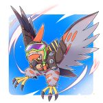  3_talons ambiguous_gender blue_background eyewear eyewear_on_head feral goggles goggles_on_head grey_body hi_res looking_at_viewer multicolored_body nintendo pok&eacute;mon pok&eacute;mon_(species) red_body simple_background solo talonflame talons video_games white_background ちゃば 