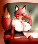  absurd_res anthro big_breasts breasts button_pop canid canine clothing dress_shirt eyewear female fox glasses grace_(floa) hi_res mammal penelopisspiss shirt solo teacher thick_thighs tight_clothing topwear wardrobe_malfunction 
