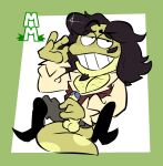  amphibia_(series) amphibian anthro balls black_hair boots bottomwear clothing disney footwear genitals green_body grin hair hi_res male masturbation pants penile penile_masturbation penis salamander_(amphibian) shirt smile solo teeth topwear torquewintress 