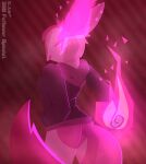  2022 anthro aura bottomless breasts claws clothed clothing female finger_claws fist fur glowing glowing_eyes grin hair hand_in_pocket hi_res hoodie looking_at_viewer looking_back magic mai_(azuraracon) nintendo pattern_background pink_body pink_fur pink_hair pink_nose pockets pok&eacute;mon pok&eacute;mon_(species) purple_clothing purple_hoodie purple_topwear rear_view simple_background skweekers smile solo striped_background topwear video_games white_body white_fur white_hair zangoose 