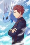  1boy belt closed_mouth cloud commentary_request crossed_arms day dragonair from_side highres imasara_maki jacket lance_(pokemon) long_sleeves male_focus outdoors pants pokemon pokemon_(creature) pokemon_(game) pokemon_hgss red_hair short_hair sky smile spiked_hair 