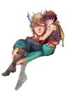  2boys absurdres age_difference age_regression battle_tendency blonde_hair blue_eyes boots brown_hair child edwintarm facial_mark feather_hair_ornament feathers fingerless_gloves gloves green_eyes hair_ornament headband highres holding_person jojo_no_kimyou_na_bouken joseph_joestar joseph_joestar_(young) male_focus multiple_boys oversized_clothes scarf striped striped_scarf younger 