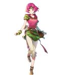  1girl armor arrow_(projectile) asymmetrical_gloves bangs belt belt_pouch breasts capri_pants closed_mouth collarbone elbow_gloves fingerless_gloves fire_emblem fire_emblem:_the_sacred_stones fire_emblem_heroes full_body gloves hagiya_kaoru headband highres hood hood_down lips looking_at_viewer medium_breasts neimi_(fire_emblem) official_art pants parted_bangs pink_eyes pink_hair pouch quiver shiny shiny_hair shoes short_hair shoulder_armor smile solo transparent_background 