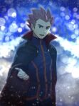  1boy belt black_cape cape commentary_request grey_eyes imasara_maki jacket lance_(pokemon) long_sleeves looking_at_viewer male_focus open_mouth pants pokemon pokemon_(game) pokemon_hgss popped_collar red_hair short_hair smile solo spiked_hair tongue 