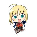 1girl ahoge artoria_pendragon_(fate) bangs blonde_hair blush bow braid chibi commentary_request eyebrows_visible_through_hair fate/stay_night fate_(series) green_eyes hanabana_tsubomi homurahara_academy_uniform looking_at_viewer lowres open_mouth ribbon saber school_uniform short_hair simple_background skirt solo vest white_background 