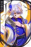  1boy animal_ears hand_on_own_chest highres male_focus mouse_boy mouse_ears nail_polish nengajou new_year nixtutyannh orange_eyes original outstretched_arm robe silver_hair 
