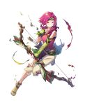  1girl armor arrow_(projectile) bangs belt belt_pouch bow_(weapon) breasts capri_pants closed_mouth elbow_gloves fingerless_gloves fire_emblem fire_emblem:_the_sacred_stones fire_emblem_heroes full_body gloves hagiya_kaoru hand_on_own_chest hand_up headband highres holding holding_bow_(weapon) holding_weapon hood hood_down leg_up looking_away medium_breasts neimi_(fire_emblem) official_art pants pink_eyes pink_hair pouch quiver shiny shoes short_hair shoulder_armor solo tears torn_clothes transparent_background weapon 