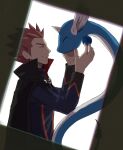  1boy cape closed_eyes closed_mouth commentary_request dragonair from_side hands_up highres imasara_maki jacket lance_(pokemon) long_sleeves male_focus pokemon pokemon_(creature) pokemon_(game) pokemon_hgss popped_collar red_hair short_hair smile spiked_hair upper_body 