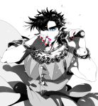  1boy battle_tendency blue_eyes bracelet breast_padding crossdressing dress greyscale hair_ornament idol jewelry jojo_no_kimyou_na_bouken joseph_joestar joseph_joestar_(tequila) lipstick makeup male_focus microphone monochrome nail_polish necklace parody sakaikurinea serious solo spot_color 