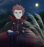  1boy belt blurry cape closed_mouth crossed_arms highres imasara_maki jacket lance_(pokemon) long_sleeves looking_at_viewer male_focus moon night outdoors pants pokemon pokemon_(game) pokemon_hgss popped_collar red_hair short_hair sky smile solo spiked_hair symbol-only_commentary 