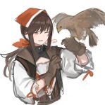  1girl 1other absurdres animal arm_up bangs bird bird_on_hand black_vest brown_gloves brown_hair eyebrows_visible_through_hair falcon falcon_(girls&#039;_frontline) girls&#039;_frontline gloves headband highres long_hair looking_at_another one_eye_closed open_mouth ponytail rampart1028 red_eyes red_headband ribbon shirt sidelocks sketch smile solo upper_body vest white_background white_shirt 
