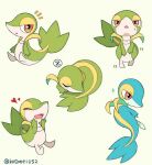  :d alternate_color closed_eyes commentary_request heart highres kotone11152 looking_at_viewer multiple_views no_humans notice_lines open_mouth parted_lips pokemon pokemon_(creature) shiny_pokemon smile snivy sparkle spoken_zzz standing tongue twitter_username zzz 