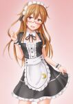  1girl alternate_costume anti_(untea9) apron black_dress blush brown_eyes brown_hair cowboy_shot crescent crescent_pin detached_collar dress enmaided eyebrows_visible_through_hair glasses gradient gradient_background hair_between_eyes highres kantai_collection long_hair maid maid_apron maid_headdress mochizuki_(kancolle) open_mouth puffy_short_sleeves puffy_sleeves red-framed_eyewear short_sleeves solo waist_apron white_apron wrist_cuffs 