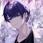  1boy bangs black_shirt grin highres jacket jewelry looking_at_viewer male_focus marius_von_hagen_(tears_of_themis) necklace open_clothes open_jacket open_mouth purple_eyes purple_hair shirt short_hair smile tears_of_themis teeth tercynya white_jacket 