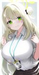  1girl bangs blonde_hair blue_archive blush bow breasts commentary_request eyebrows_visible_through_hair eyes_visible_through_hair green_eyes hair_bow hair_ornament halo highres huge_breasts id_card izuoku large_breasts long_hair looking_at_viewer nonomi_(blue_archive) shirt sidelocks sleeves_folded_up white_background white_shirt 
