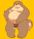  0119_muu 2022 anthro balls belly blush brown_body canid canine canis censored domestic_dog flaccid genitals hi_res humanoid_genitalia humanoid_hands humanoid_penis kemono male mammal overweight overweight_male penis simple_background solo yellow_background 