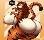  2022 4_fingers absurd_res anthro areola big_breasts big_butt breasts brown_hair butt eyewear felid female fingers glasses green_eyes hair hi_res huge_breasts huge_butt looking_at_viewer mammal nipples pantherine solo speech_bubble superia superix tiger 