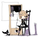 1girl :d animal bangs bare_arms between_legs black_bow black_cat black_choker black_dress black_legwear blonde_hair blunt_bangs blush_stickers bob_cut bow cat cat_teaser chair choker collarbone dress dress_bow eye_contact facing_viewer foot_dangle frilled_sleeves frills full_body guillotine guillotine_girl_(yukihi) hair_bow hair_ornament hand_between_legs hand_up holding light_brown_hair limited_palette looking_at_another looking_to_the_side no_nose on_chair original parted_lips puffy_short_sleeves puffy_sleeves purple_eyes purple_footwear shadow short_hair short_sleeves sitting smile thighhighs white_background white_bow yukihi 