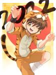  1boy 2022 animal_costume animal_ears animal_print child chinese_zodiac commentary english_commentary eyebrows_visible_through_hair hair_between_eyes highres looking_at_viewer original shorts socks tama!_(lazyturtle) teeth tiger_costume tiger_print year_of_the_tiger 