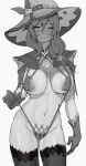  1girl absurdres areolae bad_id bad_twitter_id blush breasts bright_pupils contrapposto cowboy_shot cozyu genshin_impact greyscale hat highres large_areolae large_breasts lisa_(genshin_impact) long_hair looking_at_viewer monochrome one_eye_closed simple_background slingshot_swimsuit smile solo strap_pull swimsuit thighhighs white_background white_pupils witch_hat 
