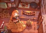  1girl blanket book book_stack bookmark bowl brick brown_hair closed_eyes cup fire fireplace firewood glass_bottle hat highres holding holding_cup indoors jar kareya log long_hair long_sleeves mug original pot smile solo steam 