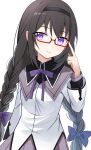  1girl akemi_homura bangs black_hair black_hairband bow braid e.o. eyebrows_visible_through_hair glasses hair_bow hairband highres long_hair looking_at_viewer mahou_shoujo_madoka_magica purple_bow purple_eyes purple_ribbon ribbon shirt simple_background solo twin_braids white_background white_shirt 