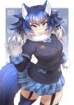  1girl absurdres animal_ear_fluff animal_ears arms_at_sides bangs black_jacket blue_hair blue_lips bow buttons dire_wolf_(kemono_friends) fangs fur_trim garter_straps gloves grin hair_bow hand_up highres ibuki_s_forpm jacket japari_symbol kemono_friends lipstick long_sleeves looking_at_viewer makeup medium_hair miniskirt multicolored_hair necktie plaid plaid_necktie plaid_skirt plaid_sleeves pleated_skirt pocket skirt smile solo tail thighhighs two-tone_hair v-shaped_eyebrows white_gloves white_hair wolf_ears wolf_girl wolf_tail yellow_eyes zettai_ryouiki 