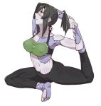  1girl black_hair black_legwear breasts closed_mouth commentary_request full_body high_ponytail kunai_zenow leggings looking_up monster_girl monster_musume_no_oisha-san nagi_ria orange_eyes pants ponytail simple_background solo sports_bra stitches stretch sweat white_background yoga yoga_pants zombie 