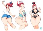  1girl bikini curvy earrings hair_bun highres jewelry kenron_toqueen multiple_views narrow_waist navel original ponytail red_hair simple_background solo swimsuit thick_thighs thighs tomatita white_background 