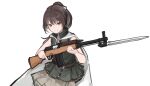  1girl bangs battle_rifle bayonet belt brown_eyes brown_hair brown_skirt cloak eyebrows_visible_through_hair feet_out_of_frame girls&#039;_frontline gun hair_ornament hairclip highres holding holding_gun holding_weapon long_hair looking_at_viewer open_mouth ponytail rampart1028 rifle skirt smile solo standing type_63_(girls&#039;_frontline) type_63_assault_rifle upper_body weapon white_background white_cloak 