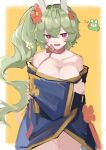  1girl ahoge alpaca_ears animal_ears asususususu bangs bare_shoulders border breasts cleavage collarbone crossed_bangs flower green_hair guardian_tales highres jacket large_breasts looking_at_viewer mayreel_(guardian_tales) no_bra open_mouth pink_eyes side_ponytail 