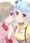  2girls aqua_hair bangs blue_hair brown_hair double_bun eyebrows_visible_through_hair hair_over_one_eye highres hyodou_shizuku idoly_pride lia_(pandaen) looking_at_viewer multiple_girls open_mouth purple_eyes red_eyes shiraishi_chisa short_hair twintails 