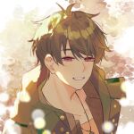  1boy bangs brown_eyes brown_hair green_jacket grin highres jacket jewelry looking_at_viewer luke_pearce_(tears_of_themis) male_focus necklace open_clothes open_jacket open_mouth shirt short_hair smile solo tears_of_themis teeth tercynya yellow_shirt 