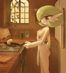  apron apron_only breasts clothing cookware female fried_egg frying_pan gardevoir hi_res humanoid kitchen kitchen_utensils kurozu mostly_nude nintendo nipples pok&eacute;mon pok&eacute;mon_(species) side_boob small_breasts solo tools translucent translucent_clothing video_games 