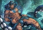  1boy abs absurdres anchor_necklace bara bare_pectorals blue_fire bulge dark-skinned_male dark_skin facial_hair feet_out_of_frame fire fur_trim goatee grin highres kageru_(mofnyan) large_pectorals loincloth male_focus mature_male multicolored_hair muscular muscular_male navel nipples pectorals revealing_clothes short_hair sideburns smile solo spiked_hair stomach stomach_tattoo tangaroa_(housamo) tangaroa_mugen_(housamo) tattoo tentacles tentacles_on_male thick_thighs thighs tokyo_afterschool_summoners tribal_tattoo two-tone_hair yellow_eyes 