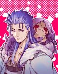  2boys blue_hair bodypaint capelet chibi cu_chulainn_(caster)_(fate) cu_chulainn_(fate) dual_persona edwintarm fang fate/grand_order fate_(series) fur-trimmed_hood fur_trim hair_down highres hood hooded_capelet jitome long_hair male_focus mini_cu-chan_(fate) multiple_boys red_eyes smile tail 