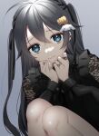  1girl absurdres black_dress black_hair blue_eyes bow dress ear_piercing earrings grey_hair hair_ornament hairclip highres jewelry long_hair looking_at_viewer original pale_skin piercing ribbon ring twintails uu3cm 