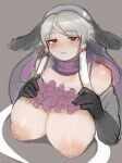  1girl absurdres areolae bangs bare_shoulders bikini blonde_hair blush breasts breasts_outside brown_eyes cleavage commentary_request elbow_gloves eyebrows_visible_through_hair gloves grey_hair hair_ornament hands_on_own_chest highres inverted_nipples kemono_friends large_breasts long_hair looking_at_viewer multicolored_hair nipples open_mouth pink_scarf pink_swimsuit scarf shibori_kasu smile solo swimsuit walrus_(kemono_friends) white_hair 