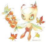  autumn_leaves bright_pupils celebi chinese_lantern_(plant) closed_mouth commentary_request ginkgo_leaf green_eyes highres holding kotone11152 leaf maple_leaf no_humans pokemon pokemon_(creature) simple_background solo twitter_username white_background white_pupils 