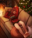  1girl animal_ears bangs barefoot brown_hair christmas_tree closed_mouth commission couch fire fireplace highres holo indoors long_hair long_sleeves looking_at_viewer lying on_back panties red_eyes red_ribbon red_sweater ribbon seraziel smile solo spice_and_wolf sweater tail underwear white_panties wolf_ears wolf_girl wolf_tail 